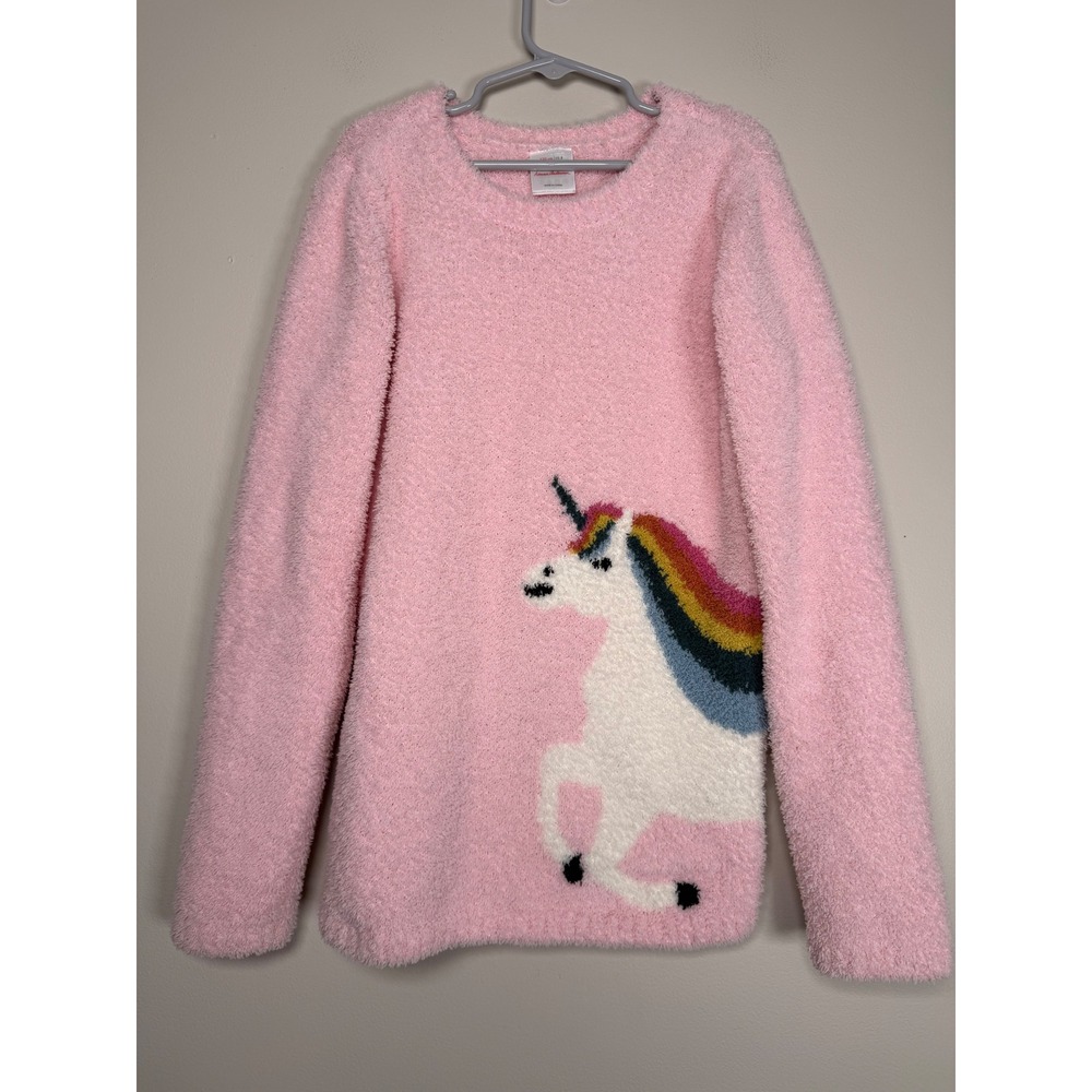 Hanna Andersson Girls Pink Fuzzy Eyelash Knit Unicorn Rainbow Sweater Size 8 130